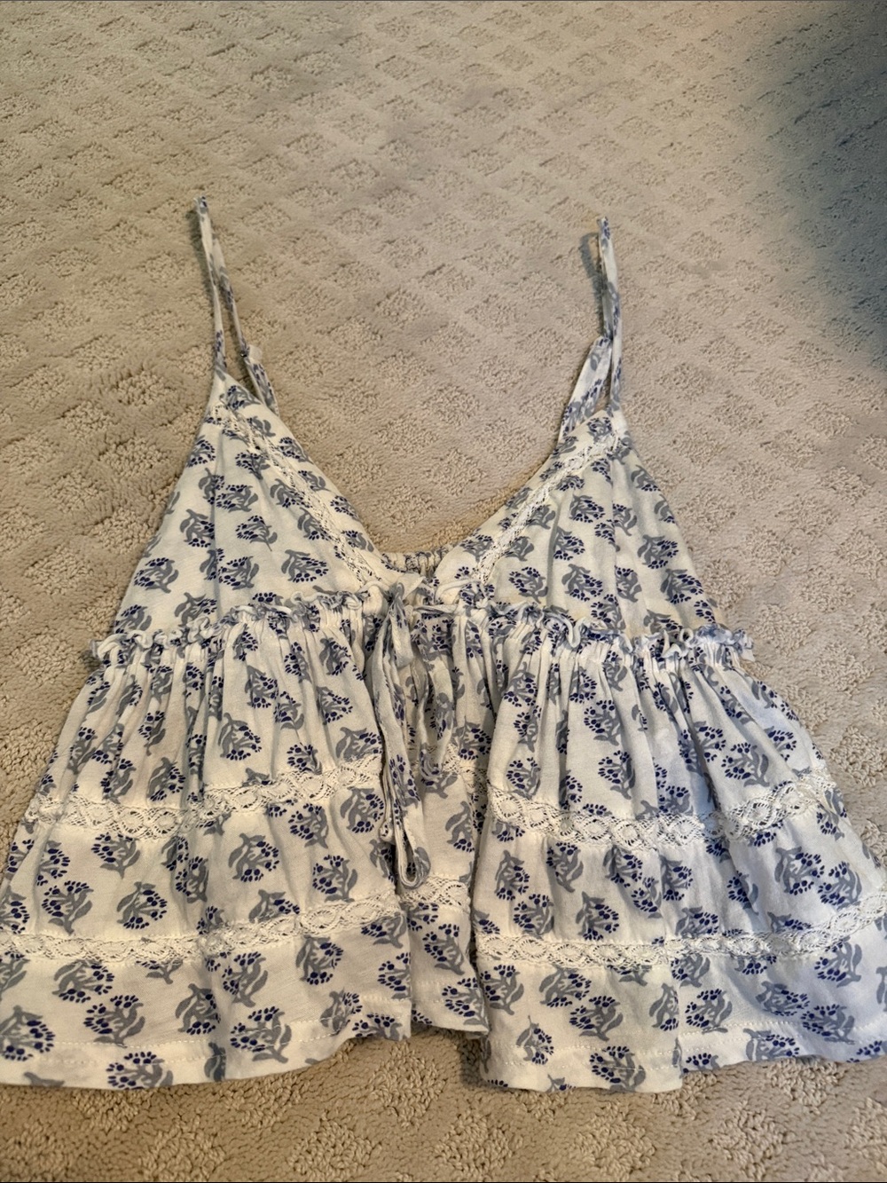 White & Blue Floral Cropped Tank Top